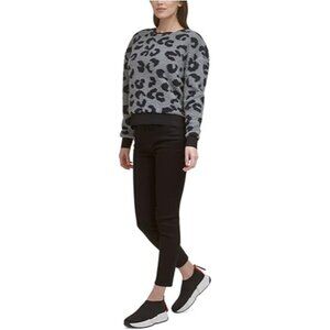 DKNY Womens Cropped Sweater Crew Neck Fleece Leopard Print Gray Black Size Large